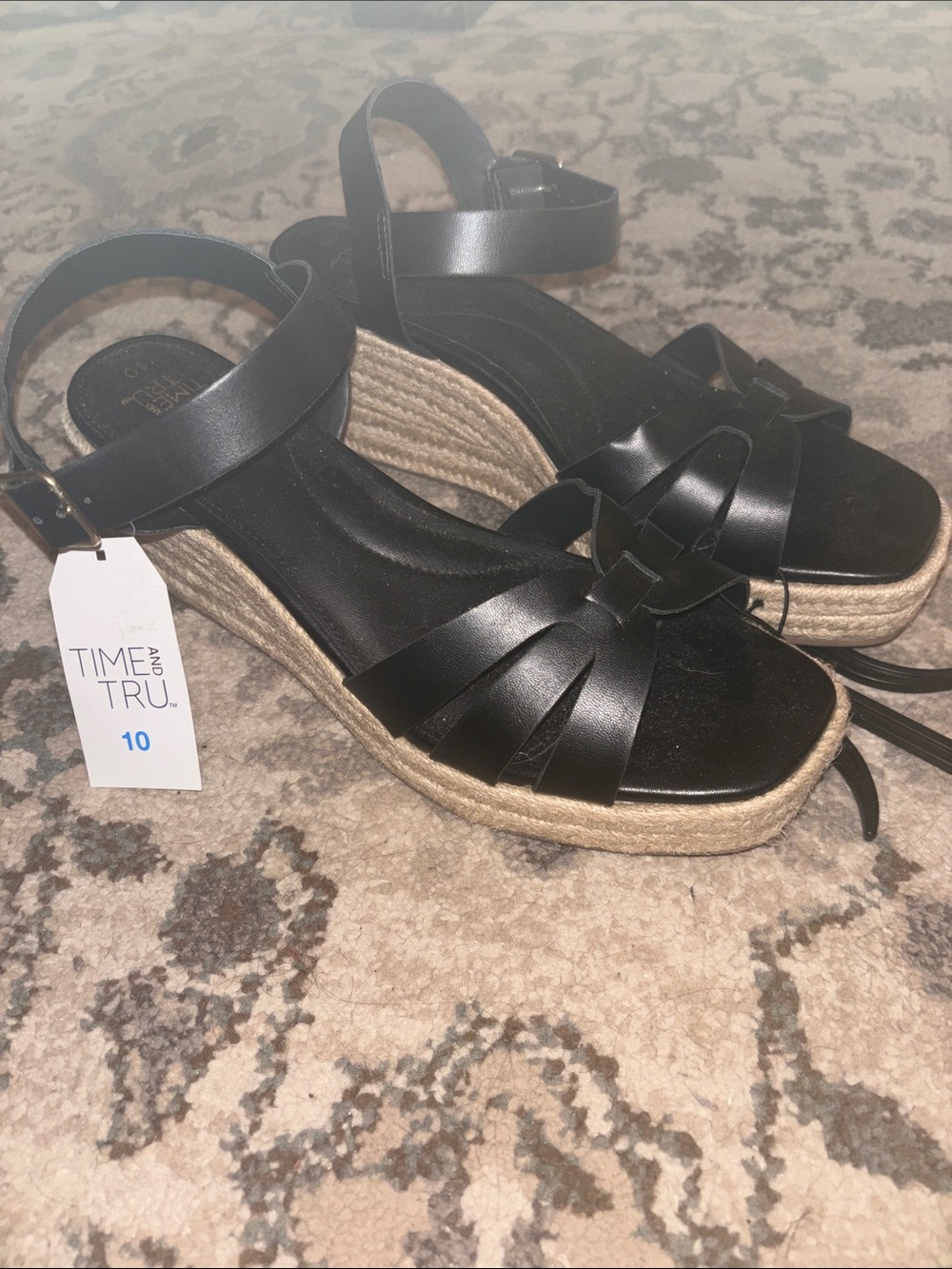 Time and Tru Black Espadrille Wedge Sandals
